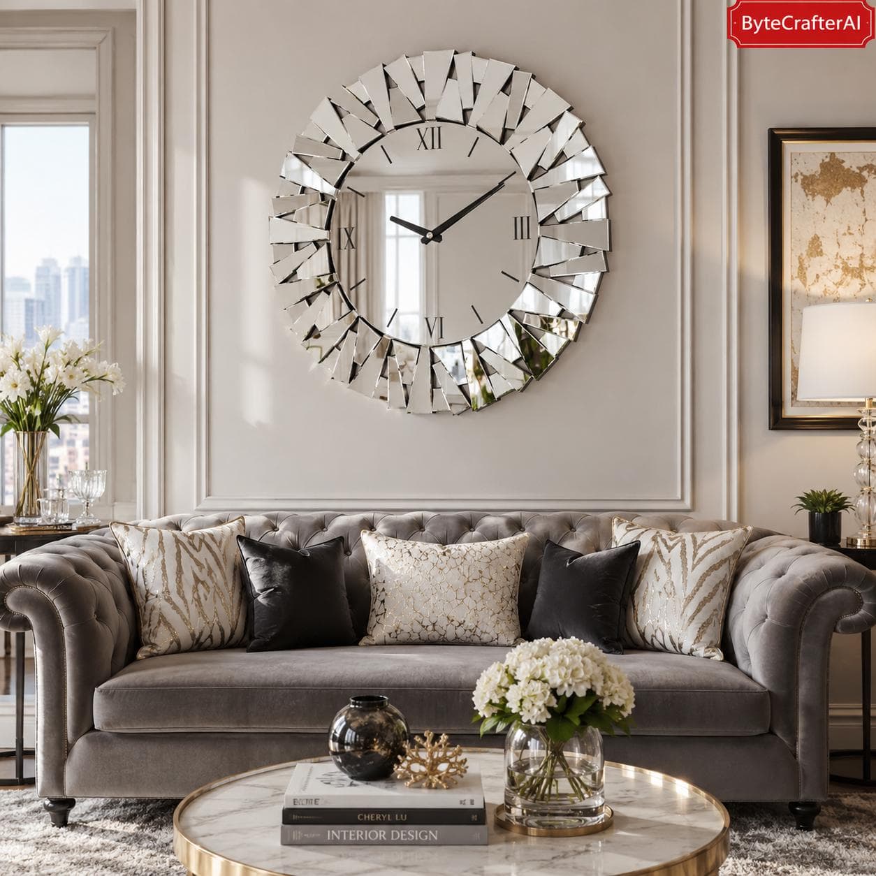 Large Mirrored Wall Clock 80cm, Luxury Beveled Glass Roman Numeral Silent Clock