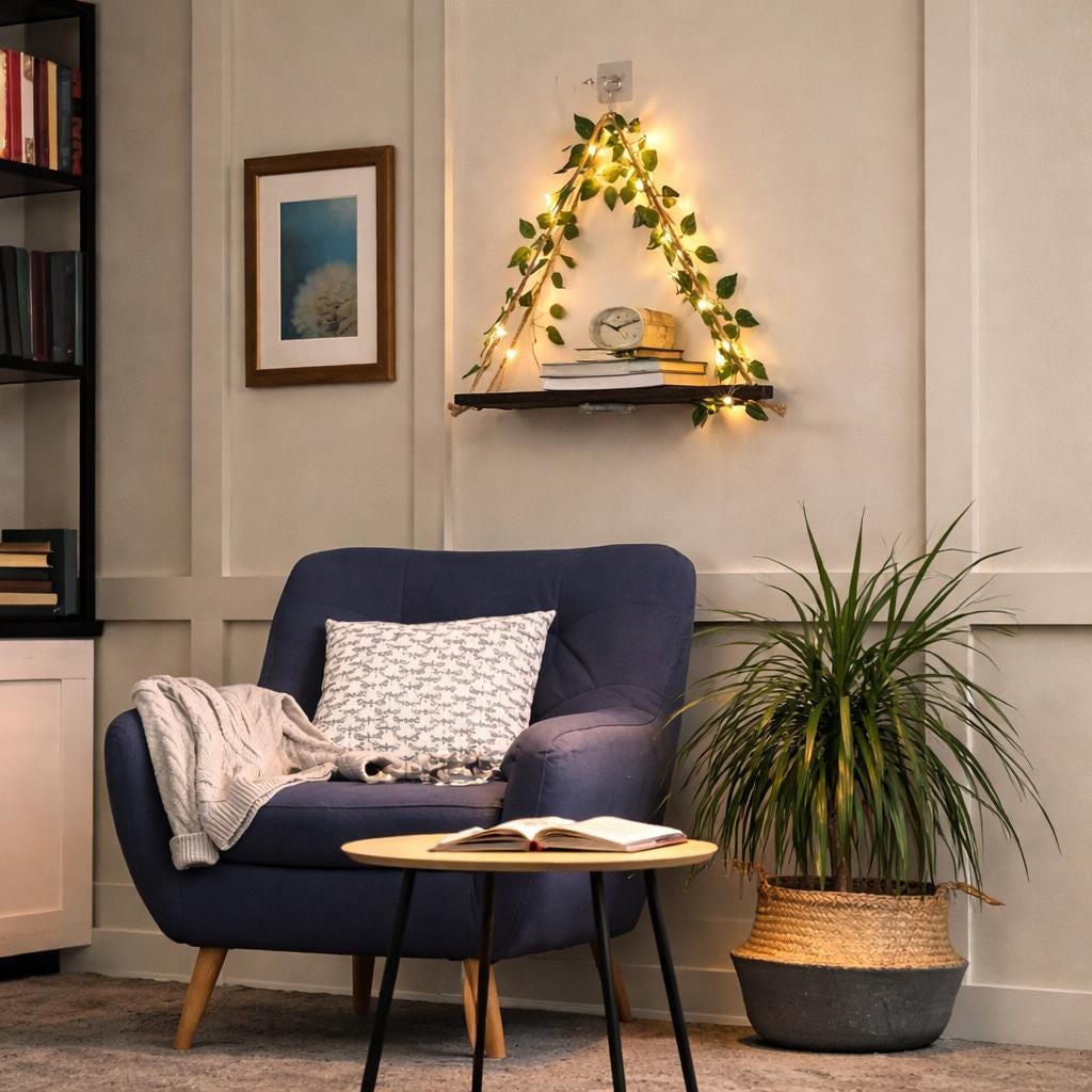 Triangle Hanging Shelf with Fairy Lights & Ivy | Boho Wall Decor