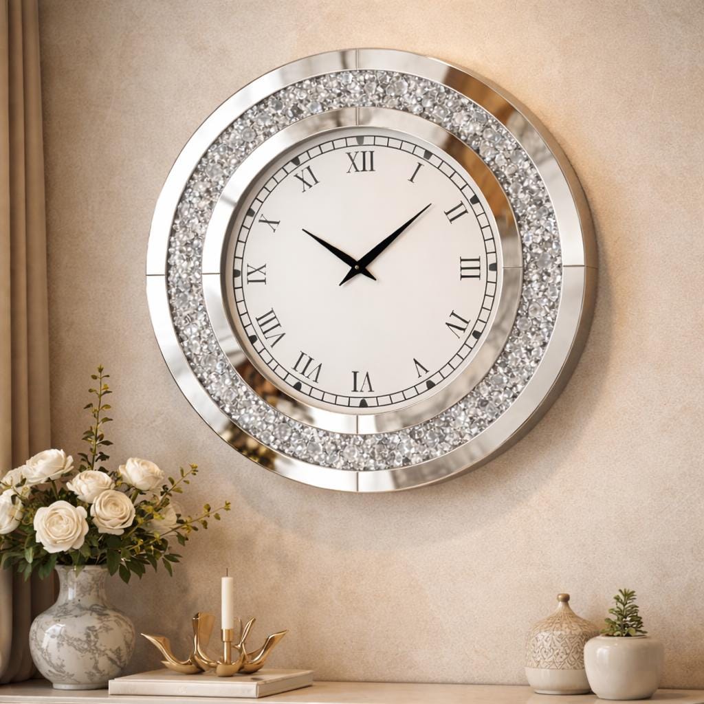 Luxury Crystal Wall Clock – Mirrored Glass, Silent Quartz, 60cm