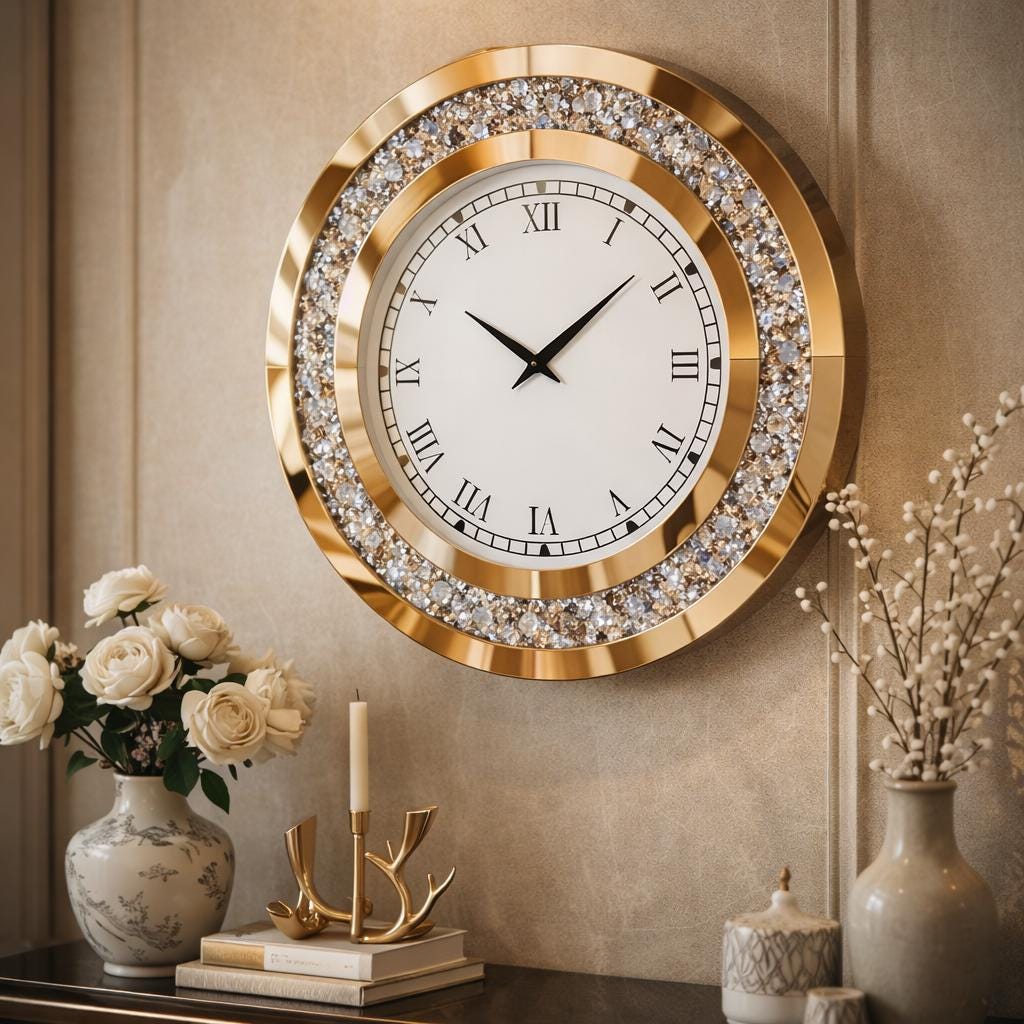 Luxury Crystal Wall Clock – Mirrored Glass, Silent Quartz, 60cm