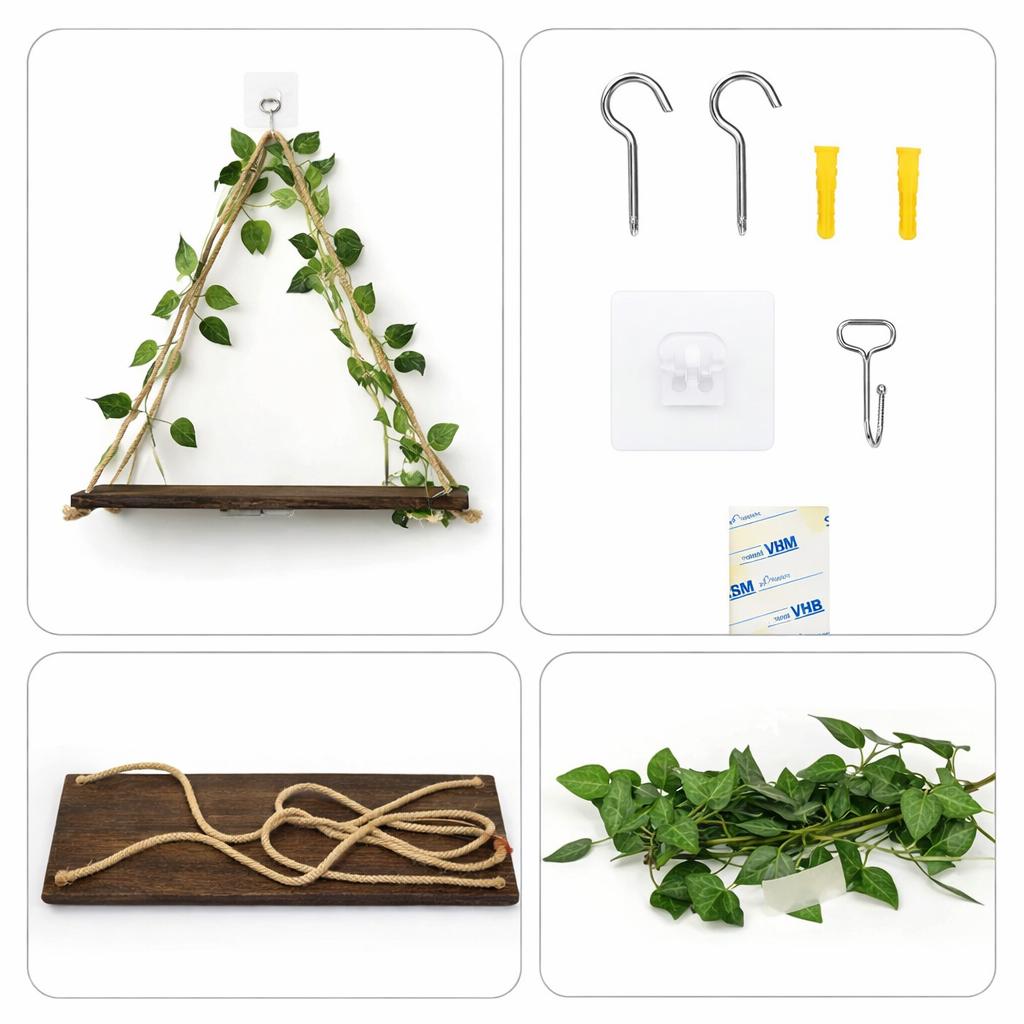 Triangle Hanging Shelf with Fairy Lights & Ivy | Boho Wall Decor