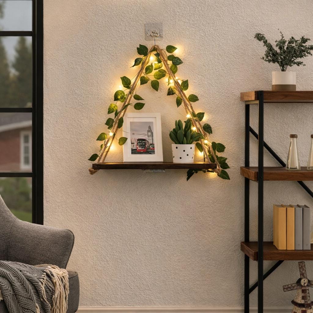 Triangle Hanging Shelf with Fairy Lights & Ivy | Boho Wall Decor