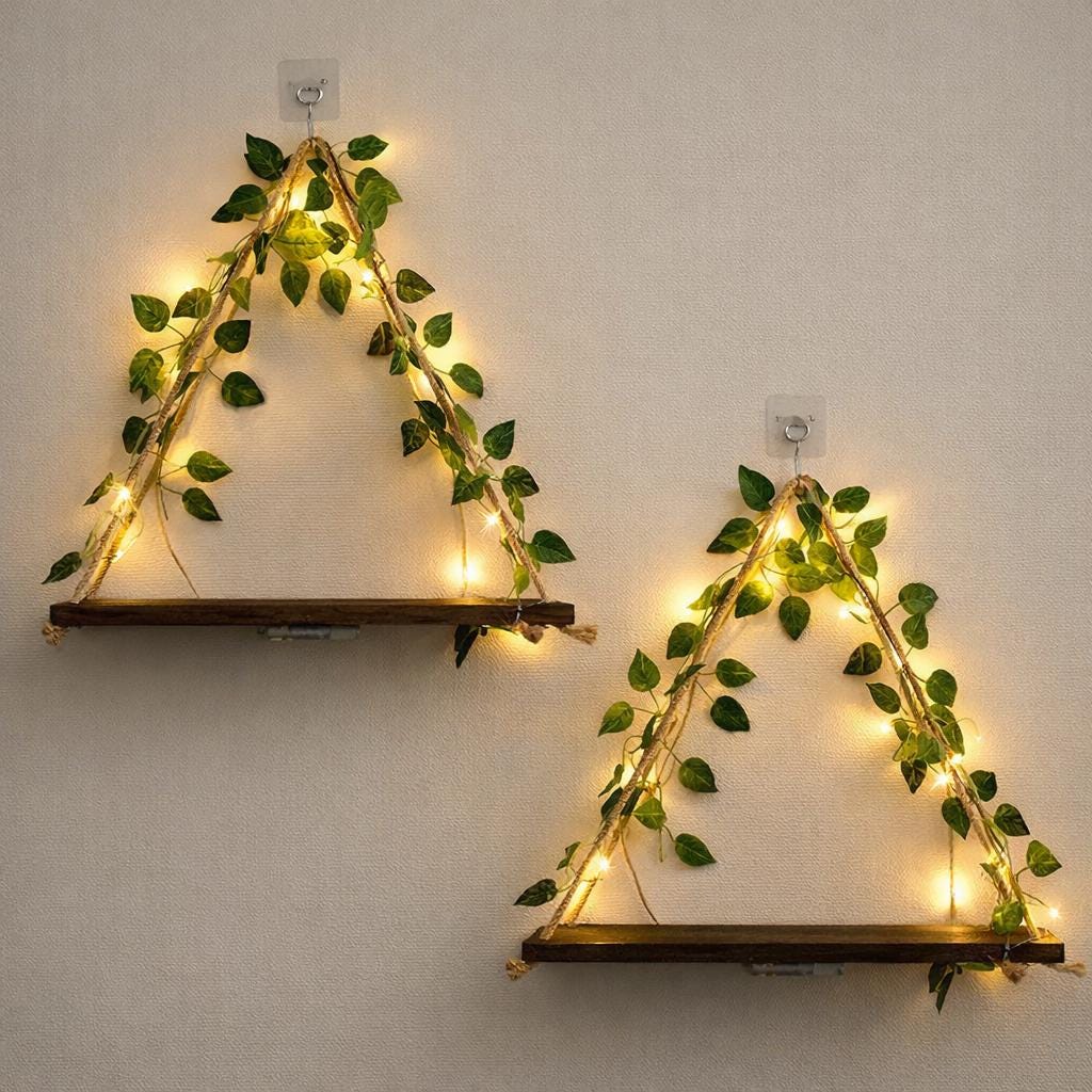 Triangle Hanging Shelf with Fairy Lights & Ivy | Boho Wall Decor