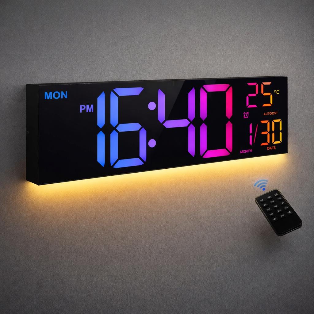 16" Large LED Digital Wall Clock | RGB Color Changing Display