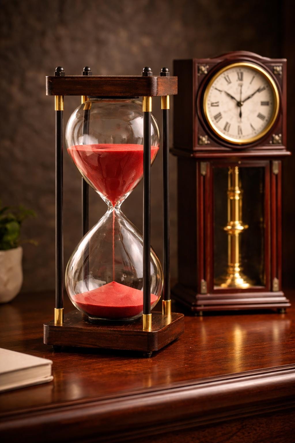 60 Minute Wooden Hourglass Timer with Red Sand, Luxury Desk Decor