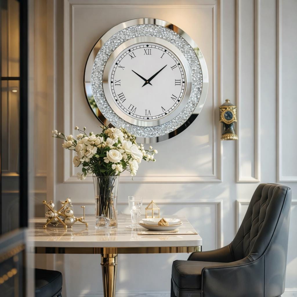 Luxury Crystal Wall Clock – Mirrored Glass, Silent Quartz, 60cm