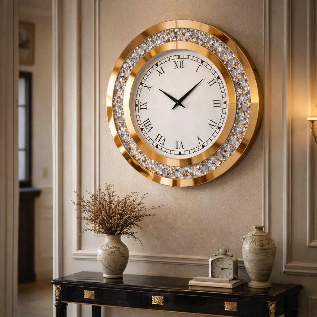 Luxury Crystal Wall Clock – Mirrored Glass, Silent Quartz, 60cm